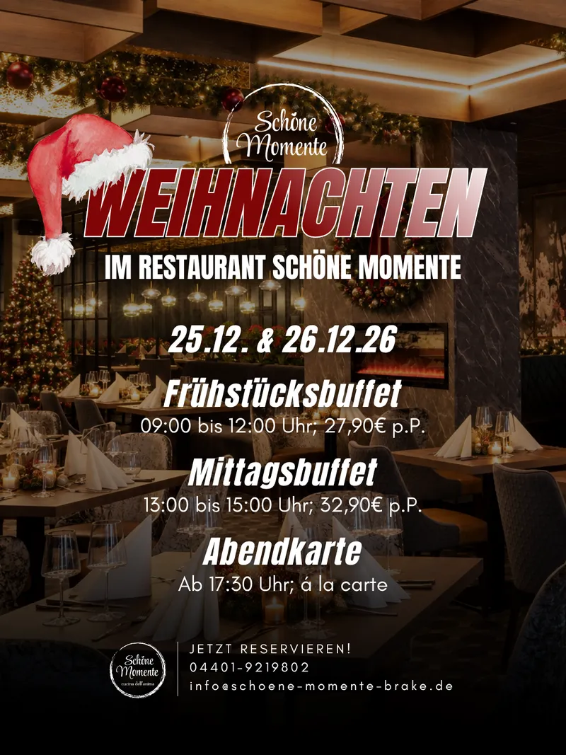 Weihnachten im Restaurant Schöne Momente: Frühstücksbuffet, Mittagsbuffet und abends weihnachtliches à-la-carte-Essen am 25. und 26. Dezember 2026